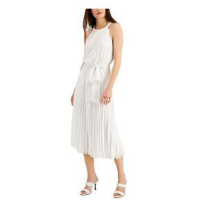 NWT INC DRESS Womens White Belted Chiffon Lined Sleeveless Midi Dress 12